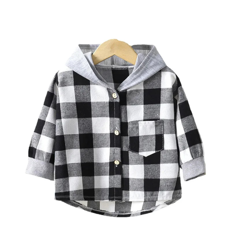 Camisa Infantil Masculina com Capuz Xadrez Lenogue para Primavera e Outono Preto / 2 anos (80-90cm)