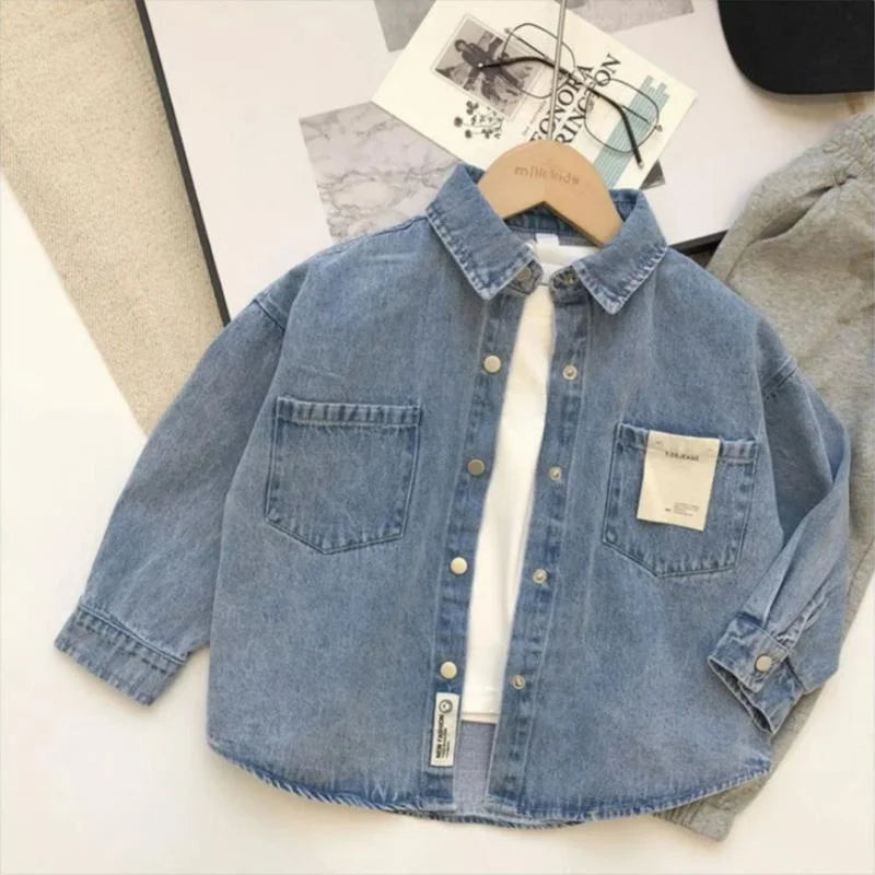 Camisa Infantil Masculina Jeans Denim Elegante para Meninos Azul / 18-24 Meses