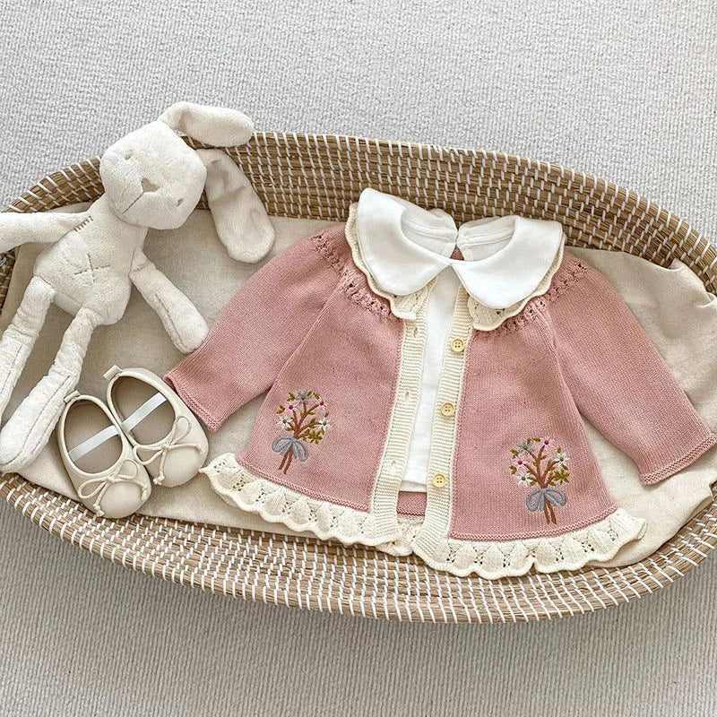 Casaco Infantil Cardigan Tricot Bouquet Floral Lenogue Rosa / 0-3 Meses