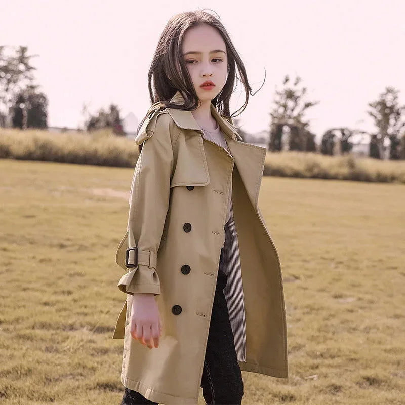 Casaco Infantil Longo Trench Coat Amélia Lenogue para Meninas Bege / 4-5 anos / Algodão Penteado / Poliéster