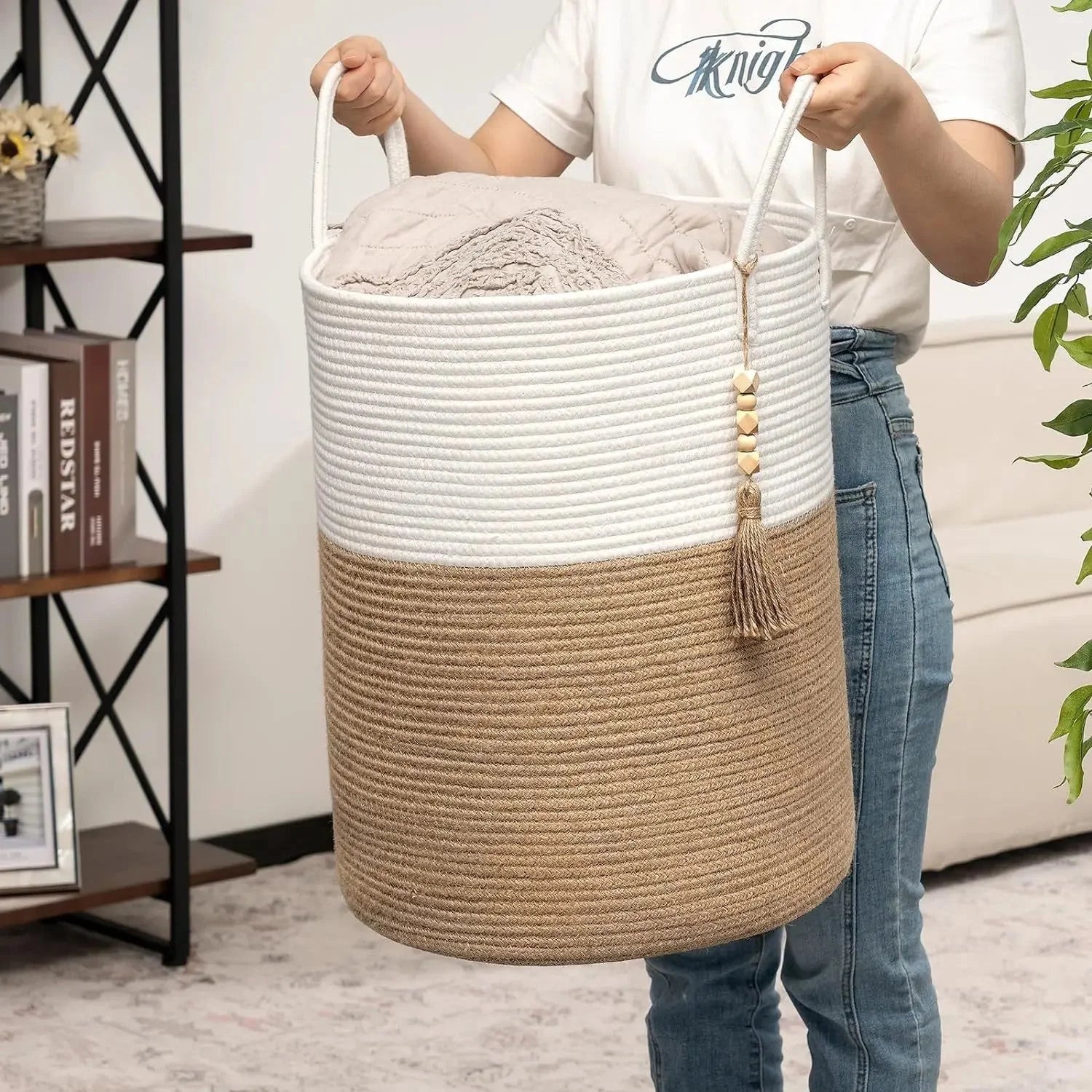 Cesta Infantil Armazenamento Dobrável com Alças Lenogue Branco e Marrom