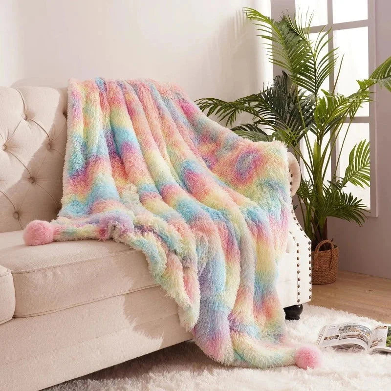 Cobertor Infantil Arco-íris Multicolorido Lenogue com Pompom / 127 x 152cm