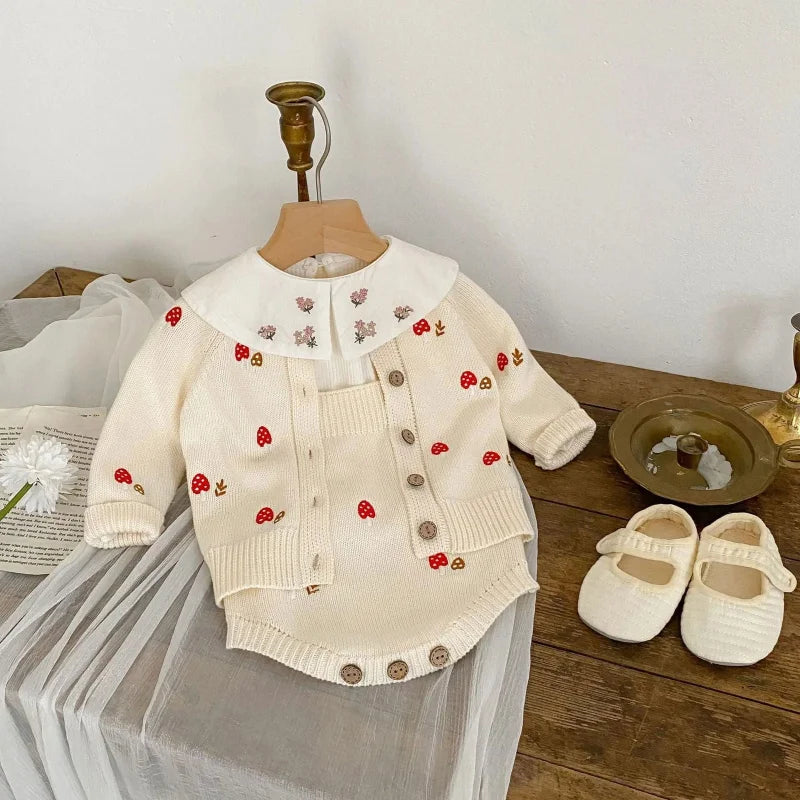 Conjunto Casaco Cardigan Tricot Mushroom Aconchegante para Bebês