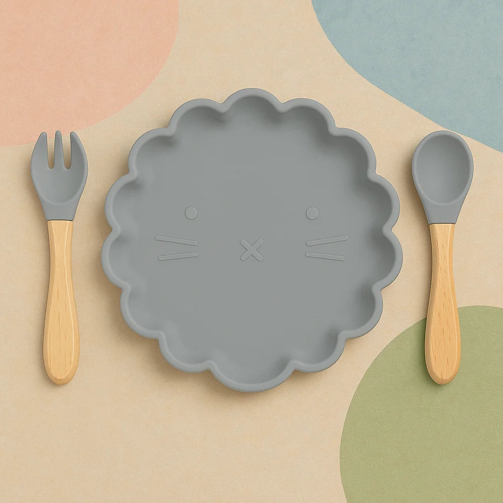 Conjunto de Prato e Talheres em Silicone Lenogue Azul