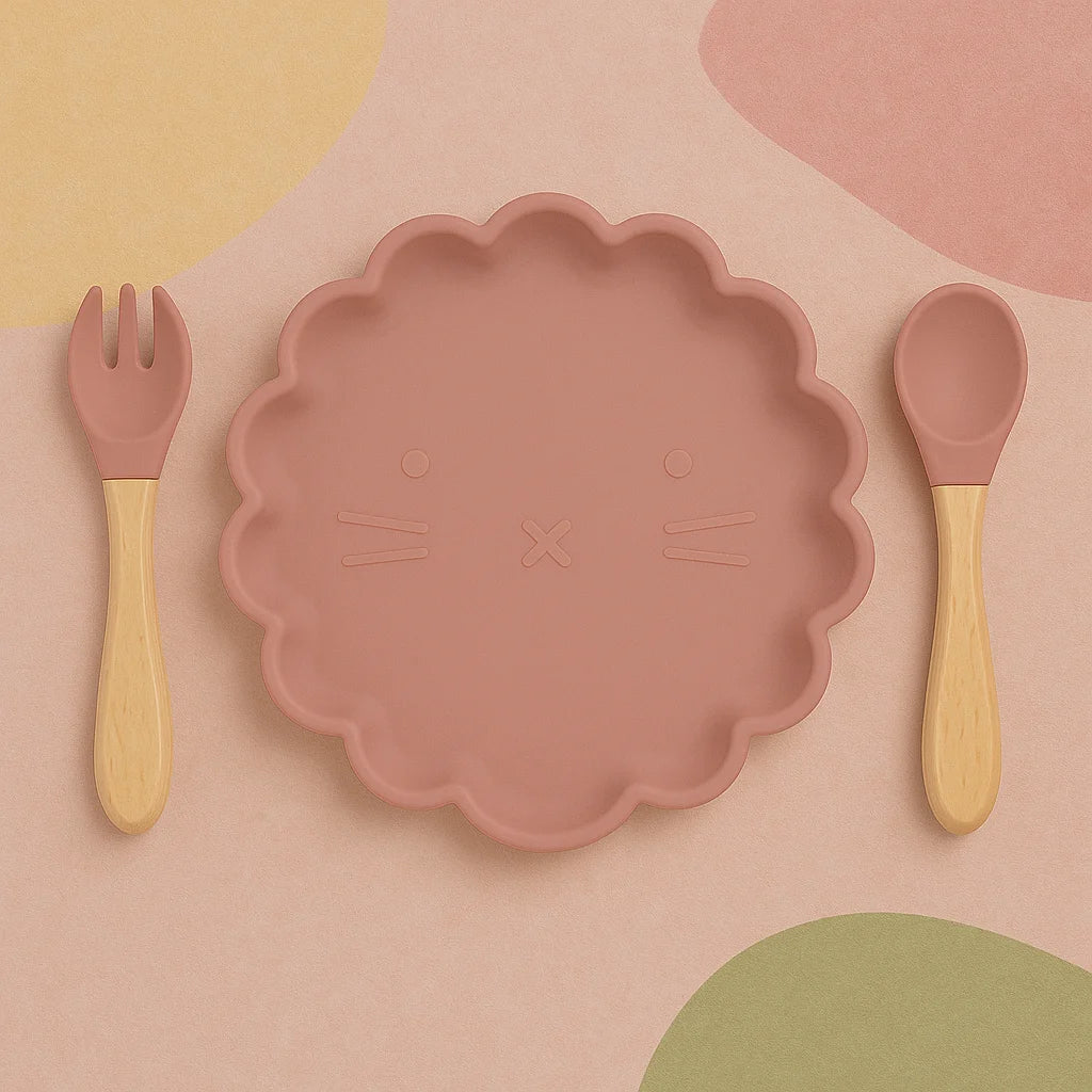Conjunto de Prato e Talheres em Silicone Lenogue Rosa