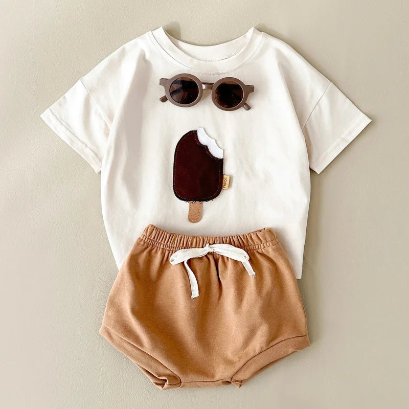 Conjunto de Verão com Estampa de Sorvete para Bebês Lenogue Caqui / 6-9 Meses