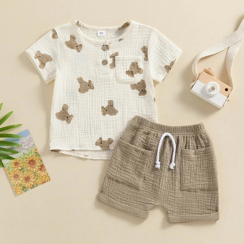 Conjunto de Verão com Estampa de Urso para Meninos Lenogue