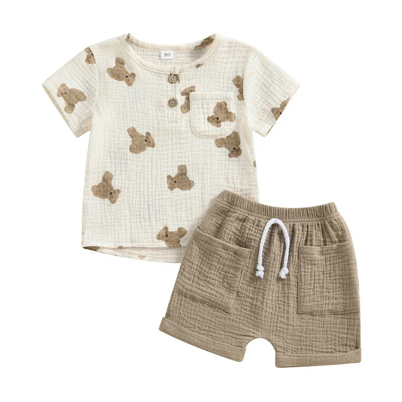 Conjunto de Verão com Estampa de Urso para Meninos Lenogue Branco e Bege / 6 Meses