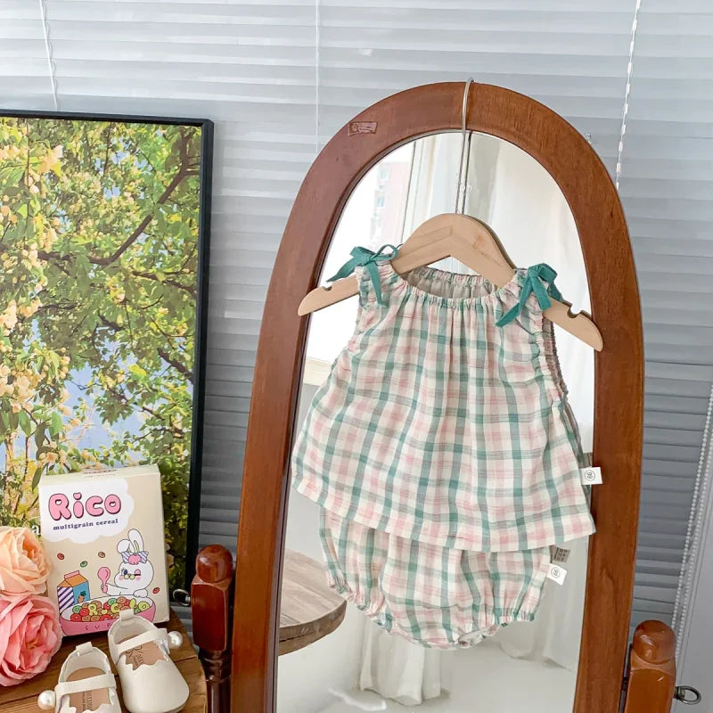 Conjunto de Verão Xadrez para Bebês Meninas Lenogue Verde / 0-3 Meses (66 cm)