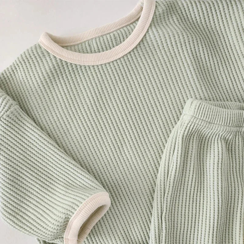 Conjunto Elegante Waffle Calça e Blusa com Manga Longa Bege