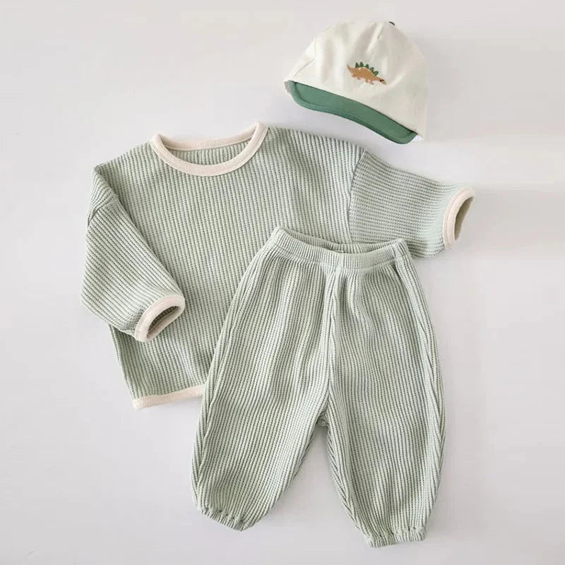 Conjunto Elegante Waffle Calça e Blusa com Manga Longa Bege Verde / 3-6 Meses