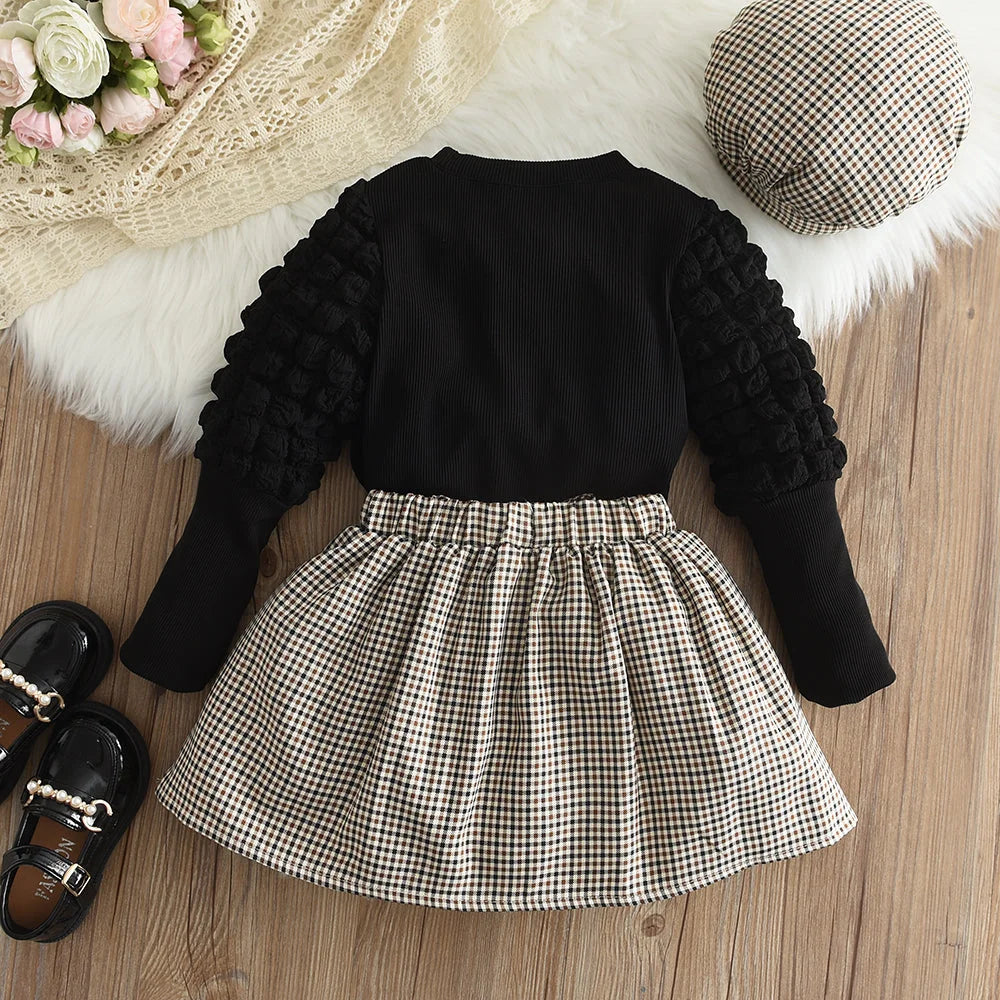 Conjunto Infantil 3 Peças Blusa Bufante Saia Xadrez e Chapéu Lenogue