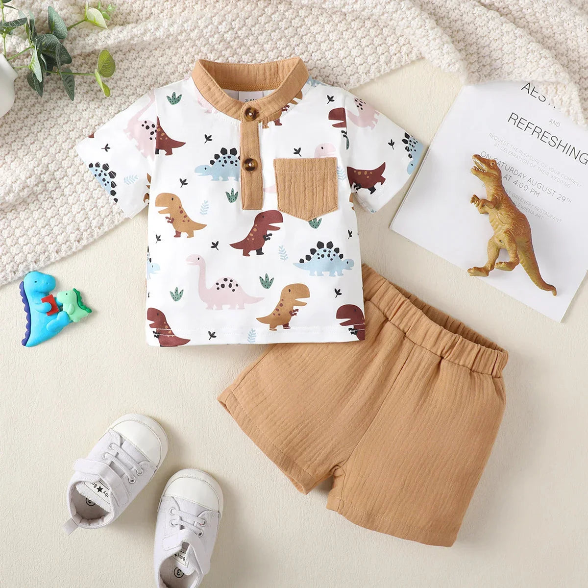 Conjunto Infantil Bege com Estampa de Dinossauro Lenogue