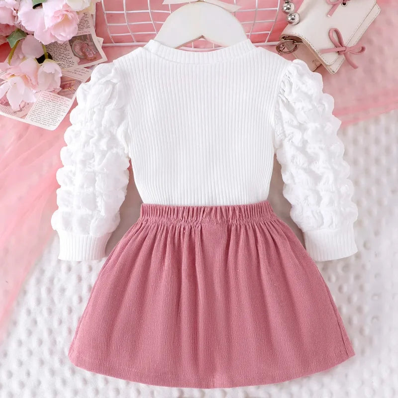 Conjunto Infantil Blusa Manga Bufante Coração e Saia Rosa Lenogue