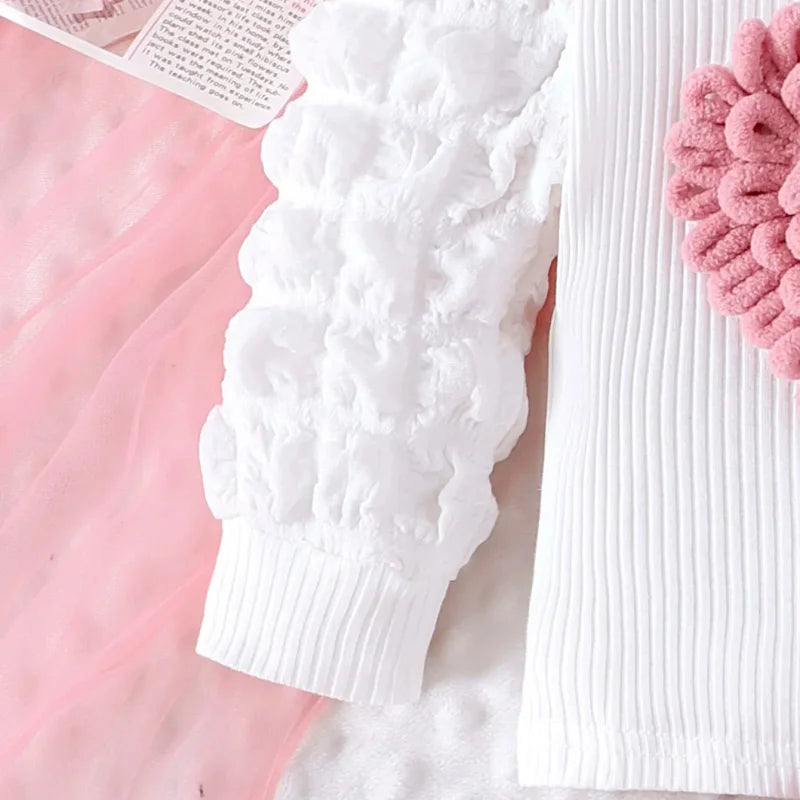 Conjunto Infantil Blusa Manga Bufante Coração e Saia Rosa Lenogue