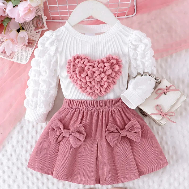 Conjunto Infantil Blusa Manga Bufante Coração e Saia Rosa Lenogue