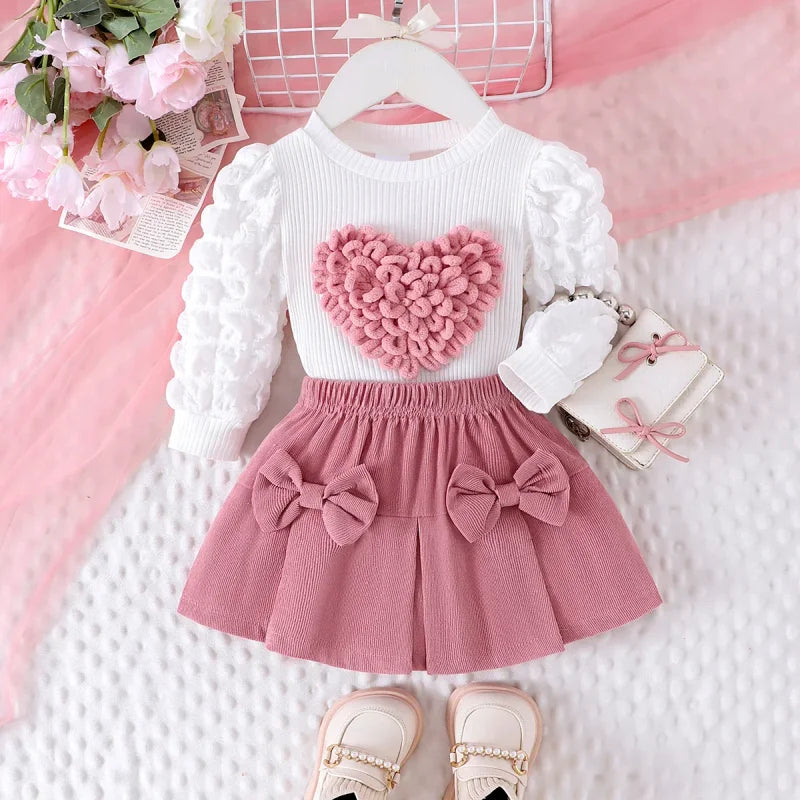 Conjunto Infantil Blusa Manga Bufante Coração e Saia Rosa Lenogue Branco / 3-6 Meses