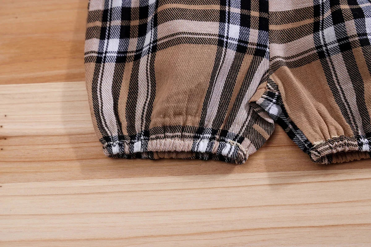 Conjunto Infantil Body Xadrez com Suspensório Modelo Urso Lenogue