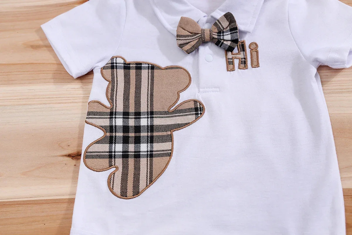 Conjunto Infantil Body Xadrez com Suspensório Modelo Urso Lenogue