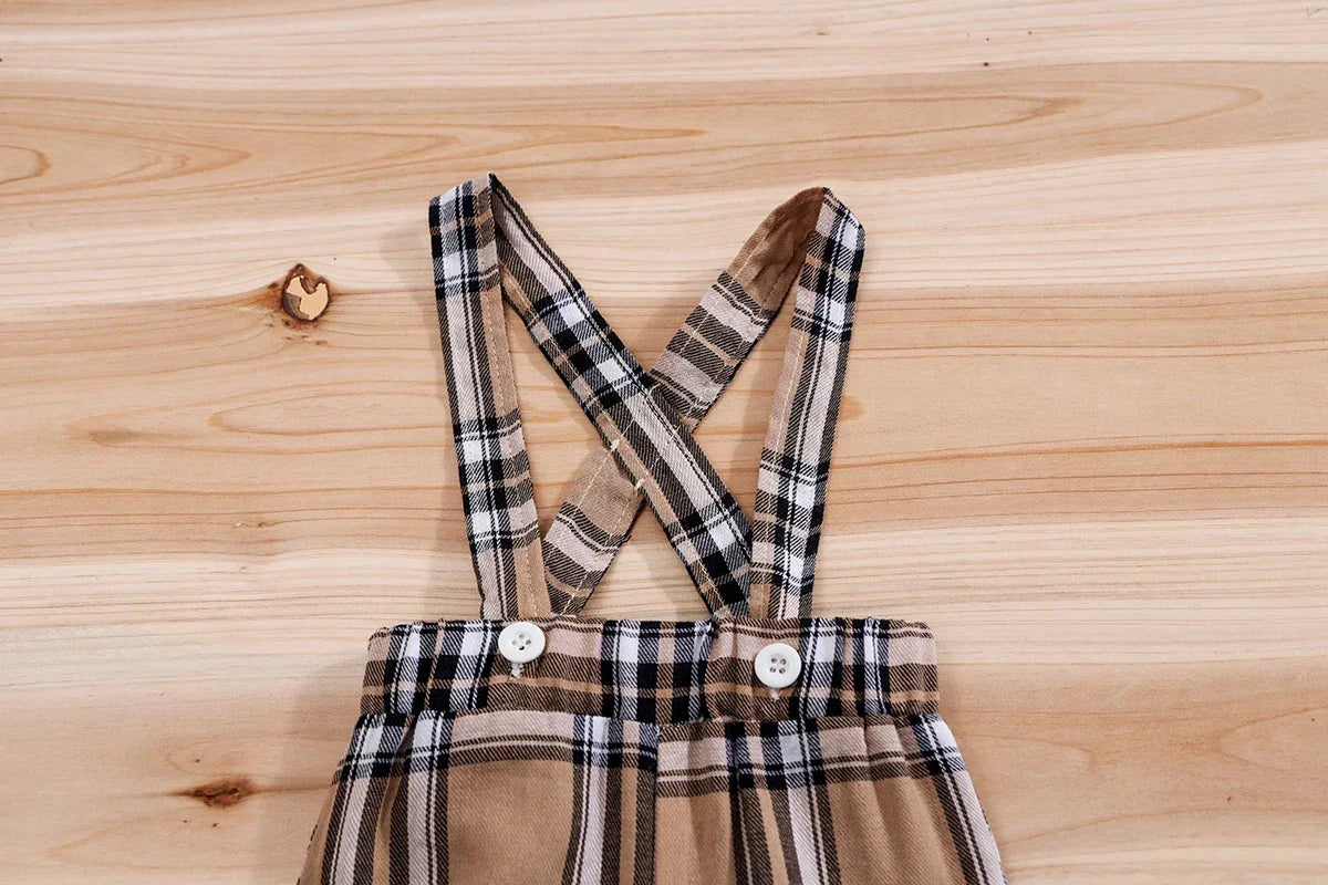 Conjunto Infantil Body Xadrez com Suspensório Modelo Urso Lenogue