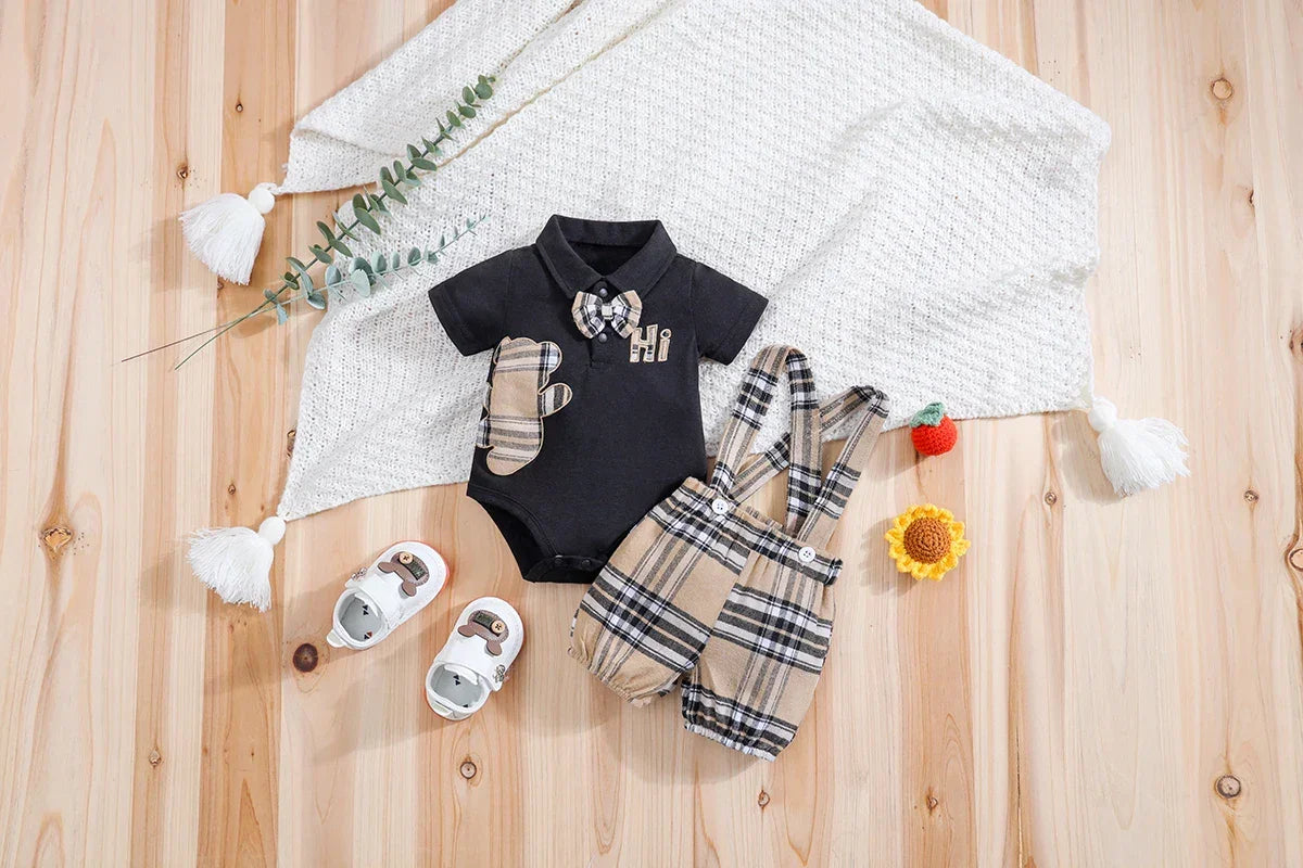Conjunto Infantil Body Xadrez com Suspensório Modelo Urso Lenogue