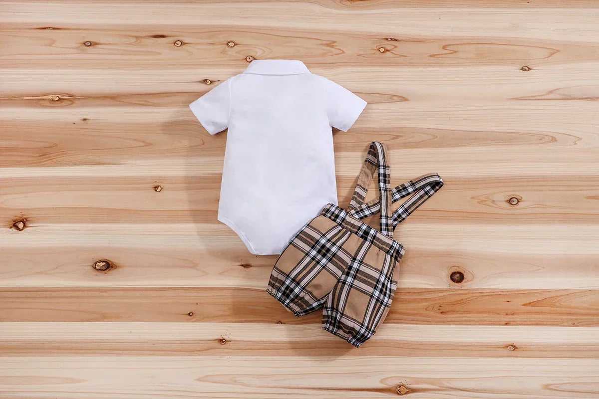 Conjunto Infantil Body Xadrez com Suspensório Modelo Urso Lenogue