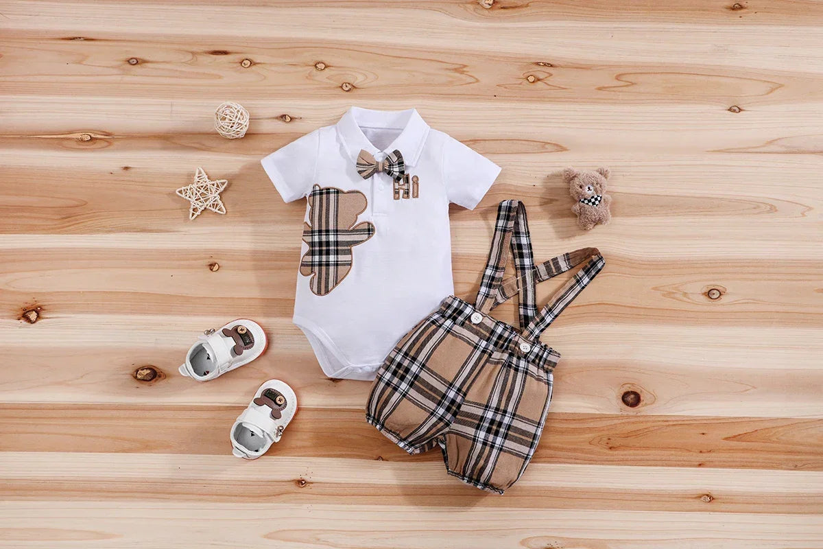Conjunto Infantil Body Xadrez com Suspensório Modelo Urso Lenogue