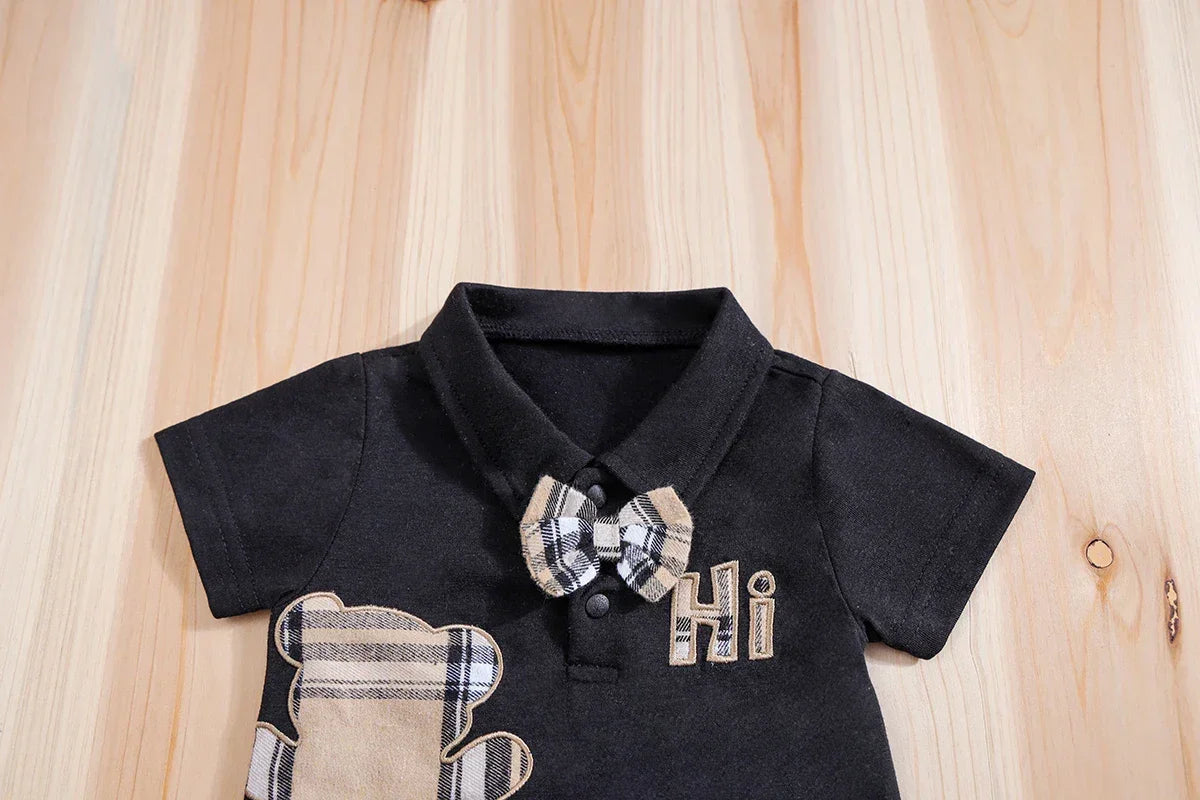 Conjunto Infantil Body Xadrez com Suspensório Modelo Urso Lenogue