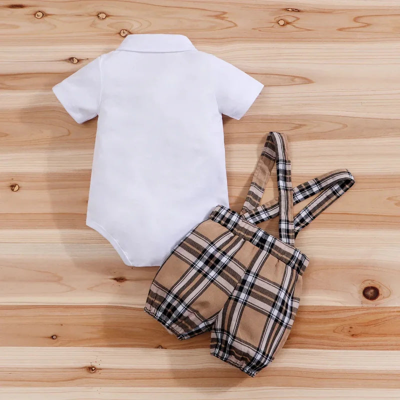 Conjunto Infantil Body Xadrez com Suspensório Modelo Urso Lenogue