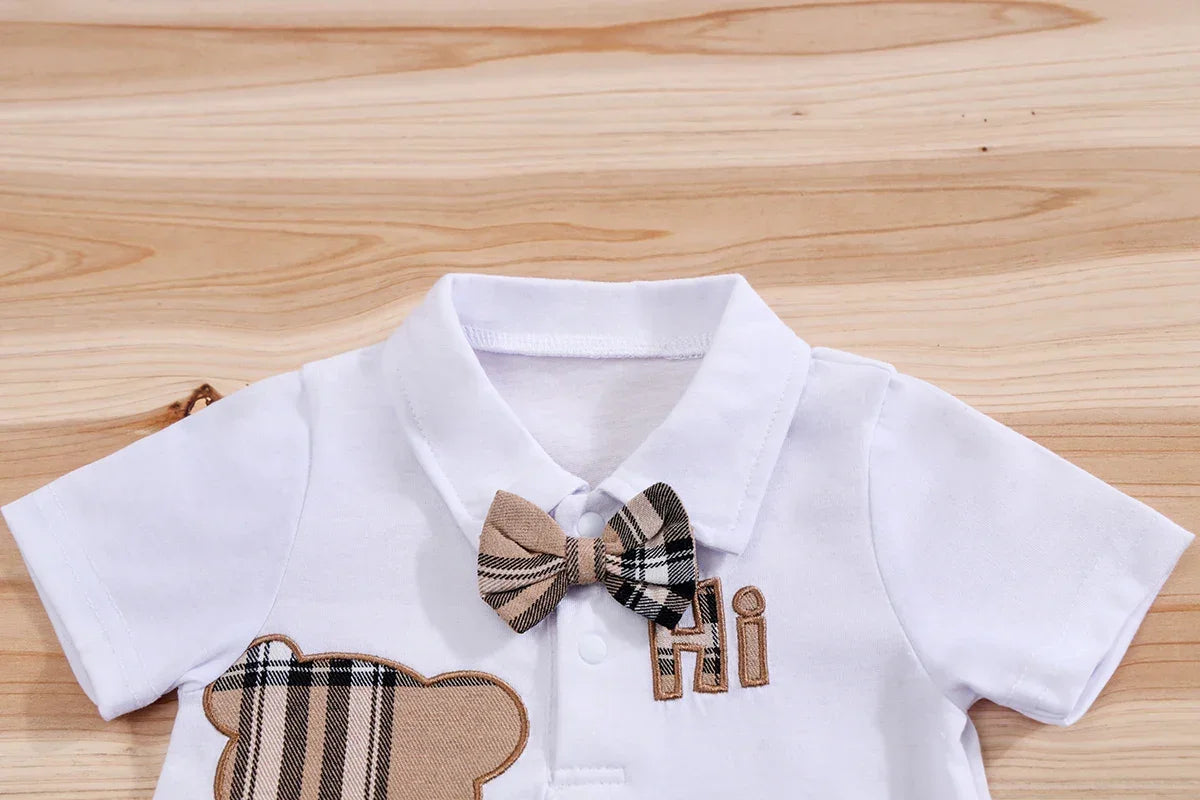 Conjunto Infantil Body Xadrez com Suspensório Modelo Urso Lenogue
