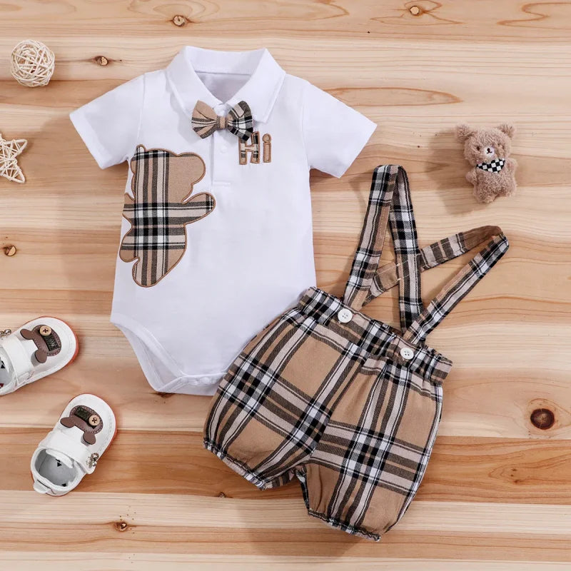 Conjunto Infantil Body Xadrez com Suspensório Modelo Urso Lenogue Branco e Marrom / 3 Meses