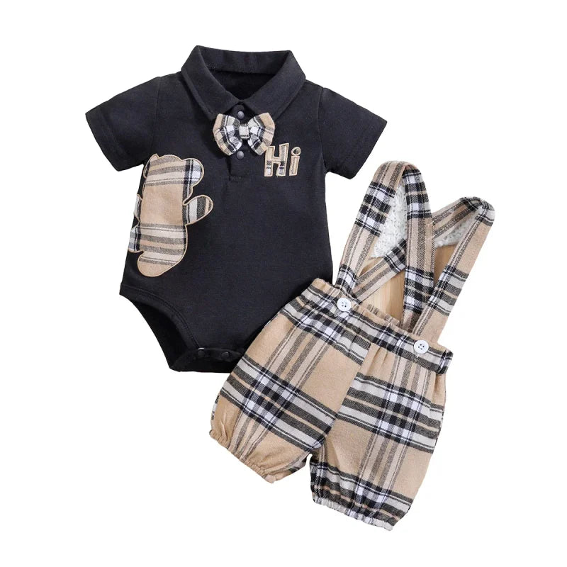 Conjunto Infantil Body Xadrez com Suspensório Modelo Urso Lenogue Preto e Bege / 3 Meses