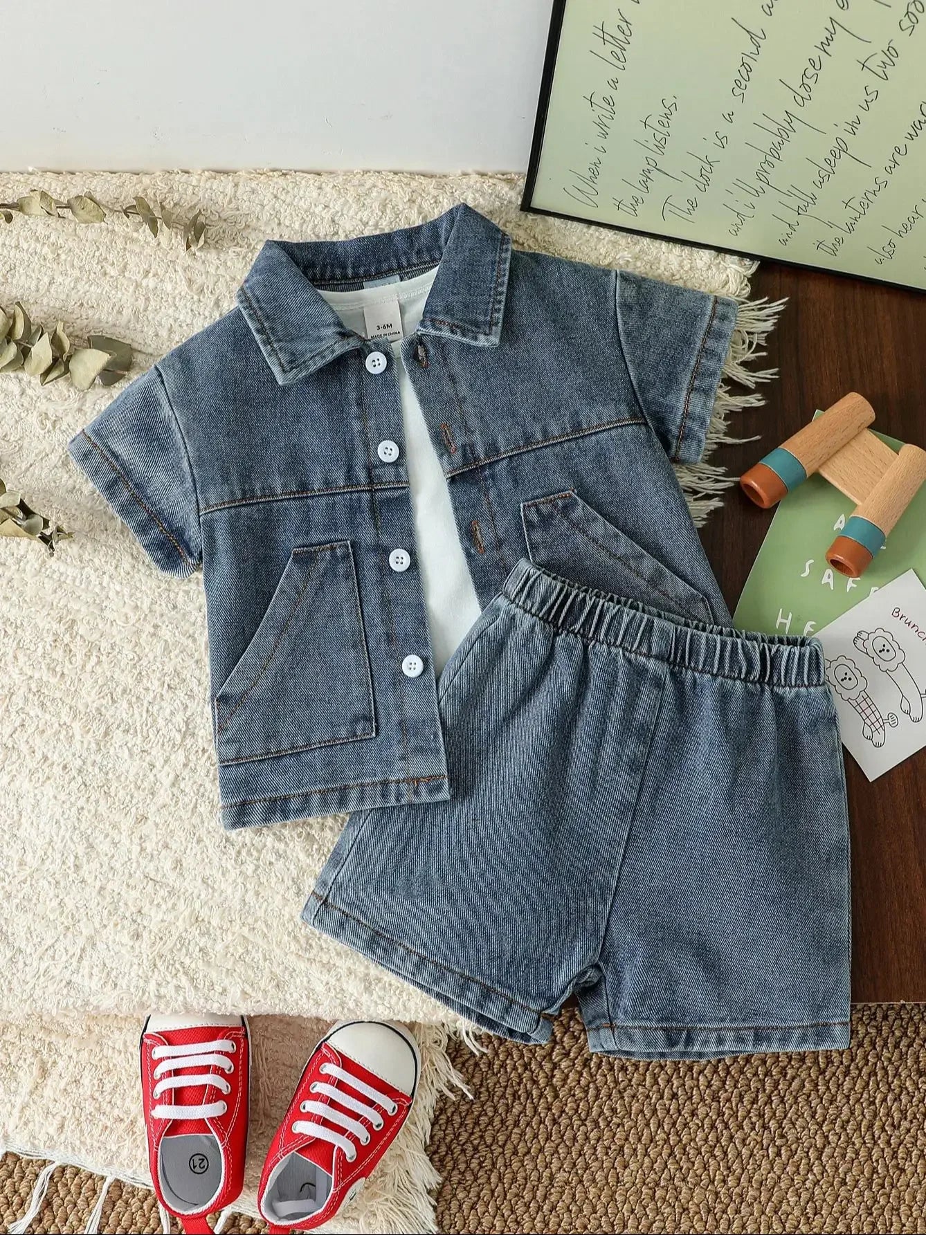Conjunto Infantil Camisa Jeans e Shorts Modelo Denim Lenogue