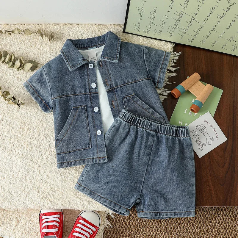 Conjunto Infantil Camisa Jeans e Shorts Modelo Denim Lenogue Azul / 3 6 Meses