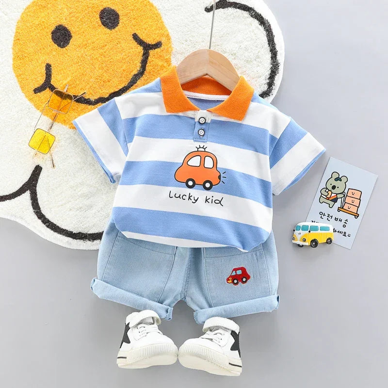 Conjunto Infantil Camisa Polo com Shorts Jeans de Verão Lenogue Branco / 6-12 Meses
