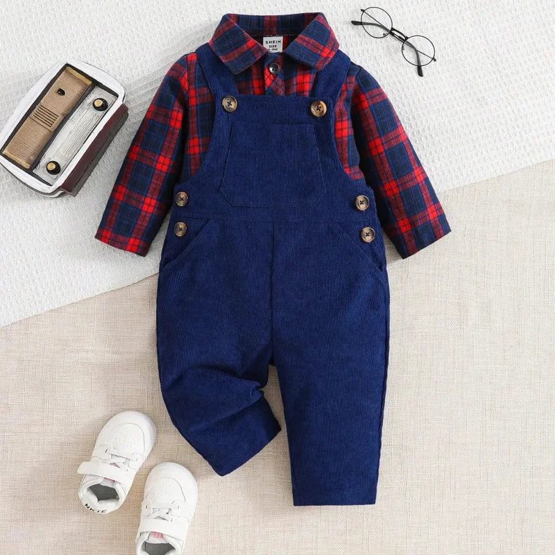 Conjunto Infantil Camisa Xadrez Manga Longa e Macacão Cotelê Lenogue