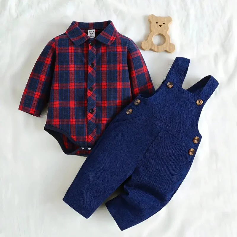 Conjunto Infantil Camisa Xadrez Manga Longa e Macacão Cotelê Lenogue Azul / 3-6 Meses