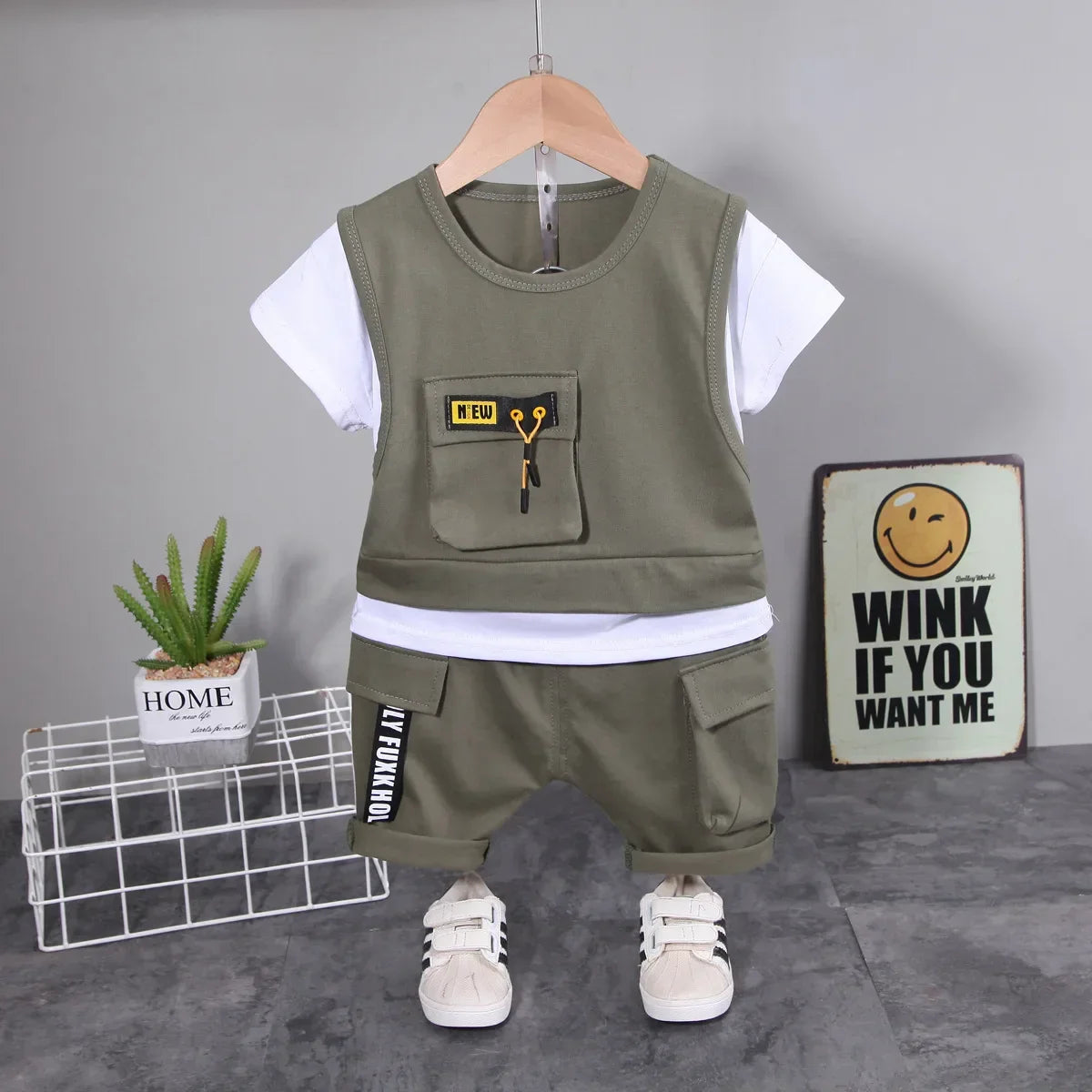 Conjunto Infantil Camiseta Dupla com Shorts Lisos Casuais Lenogue