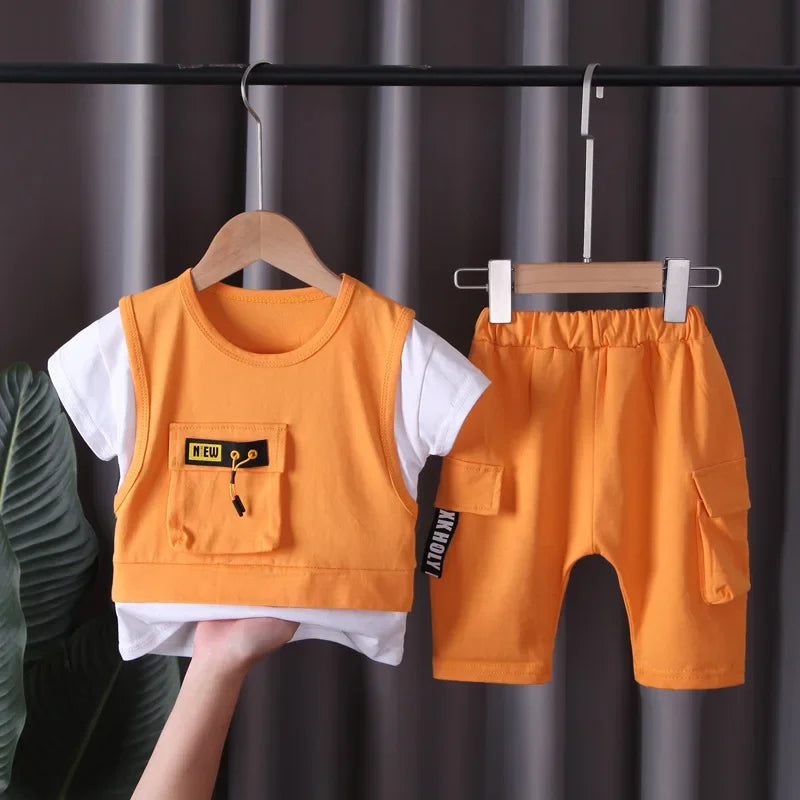 Conjunto Infantil Camiseta Dupla com Shorts Lisos Casuais Lenogue Laranja / 6-12 Meses