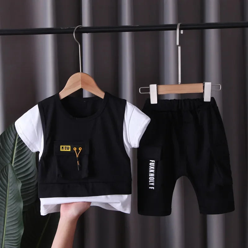 Conjunto Infantil Camiseta Dupla com Shorts Lisos Casuais Lenogue Preto / 6-12 Meses