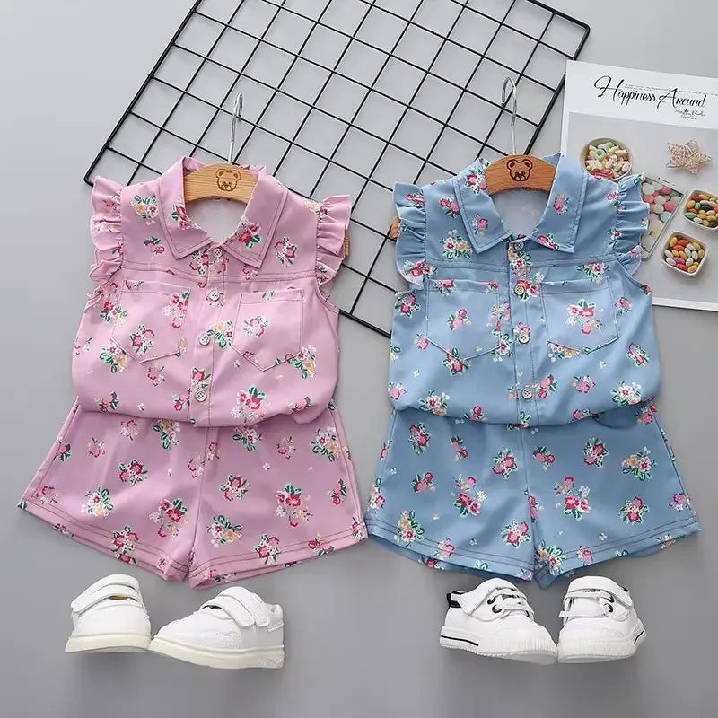 Conjunto Infantil Camiseta Estampa Floral sem Manga e Short Lenogue