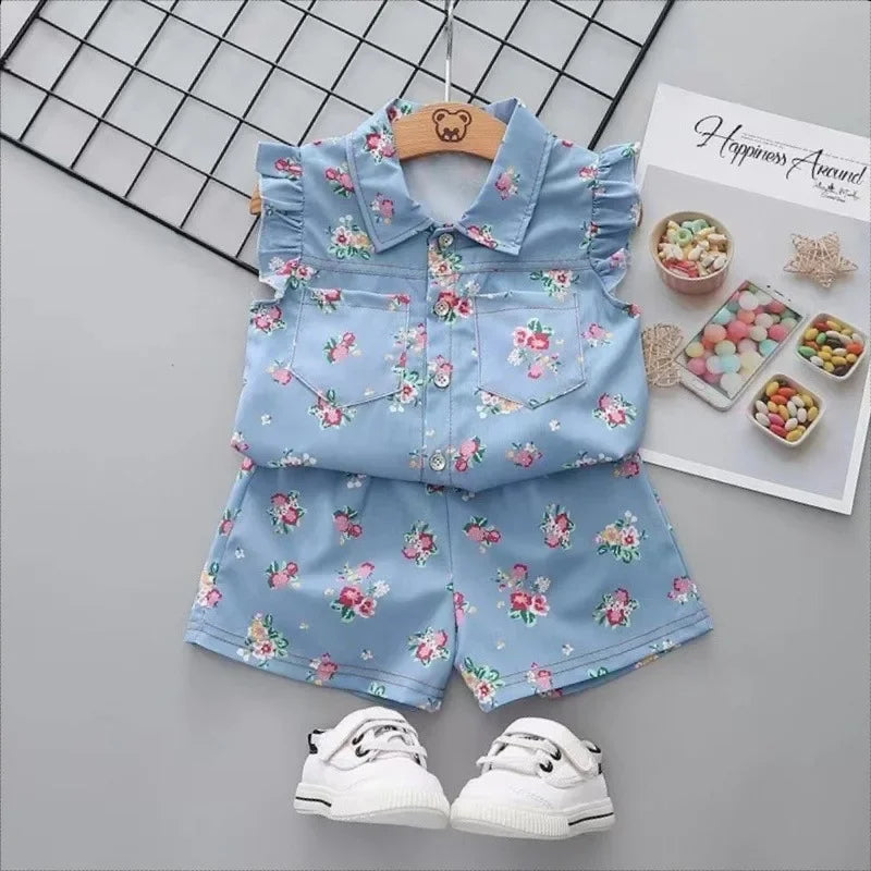 Conjunto Infantil Camiseta Estampa Floral sem Manga e Short Lenogue Azul / 6-12 Meses