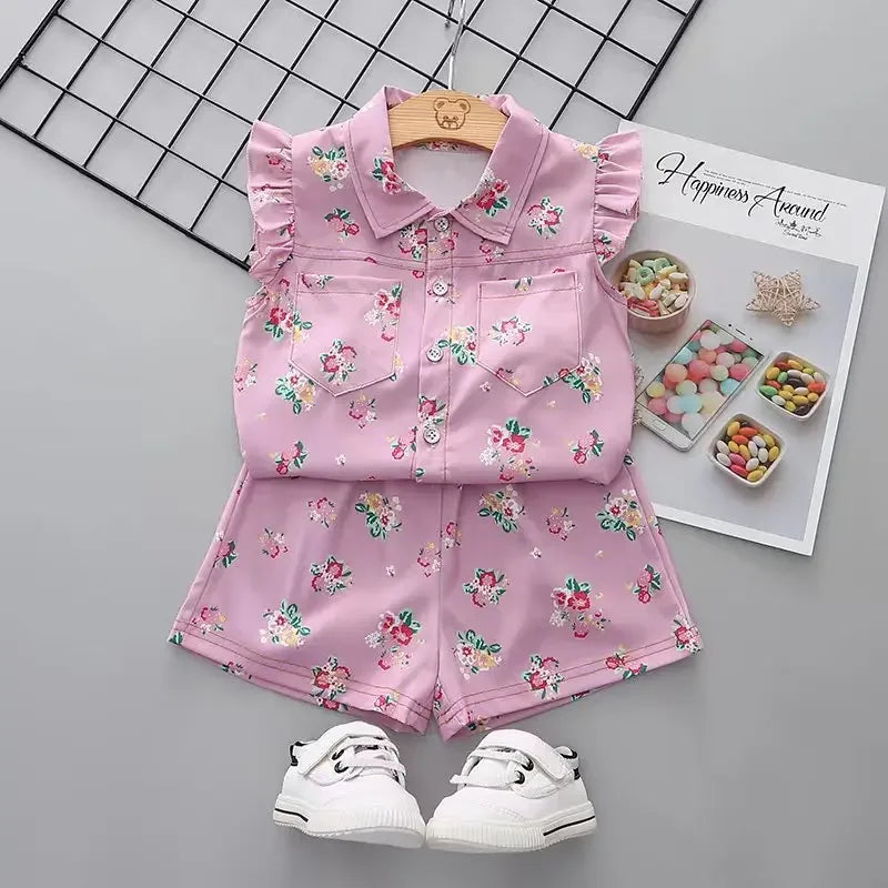 Conjunto Infantil Camiseta Estampa Floral sem Manga e Short Lenogue Rosa / 6-12 Meses
