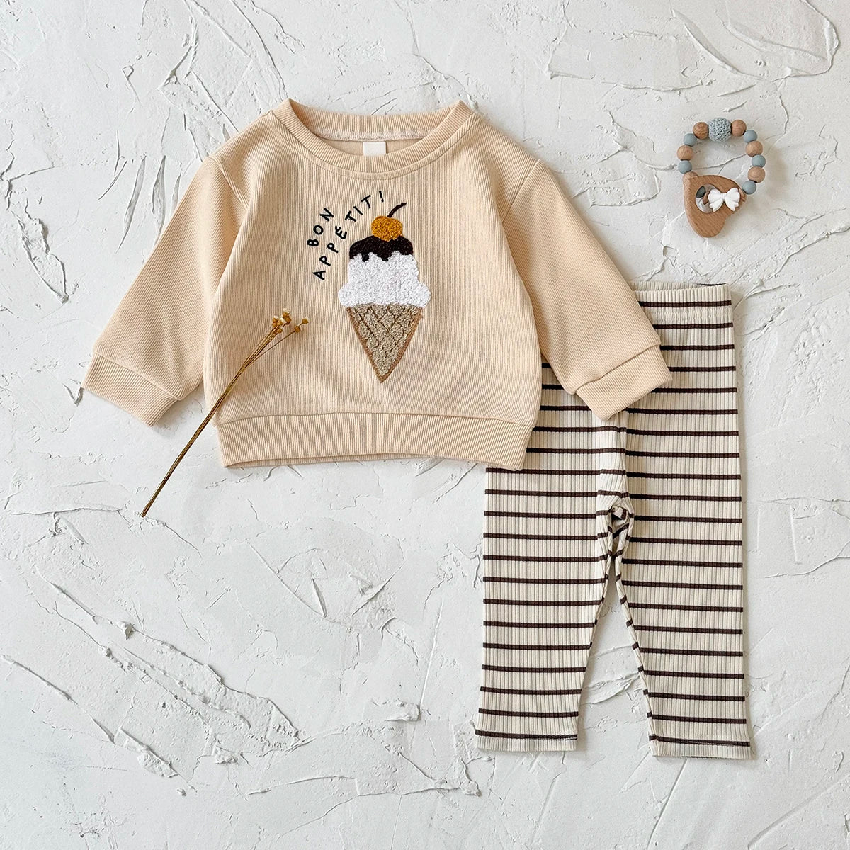 Conjunto Infantil com Tricô de Sorvete Lenogue Bege / 3-6 Meses