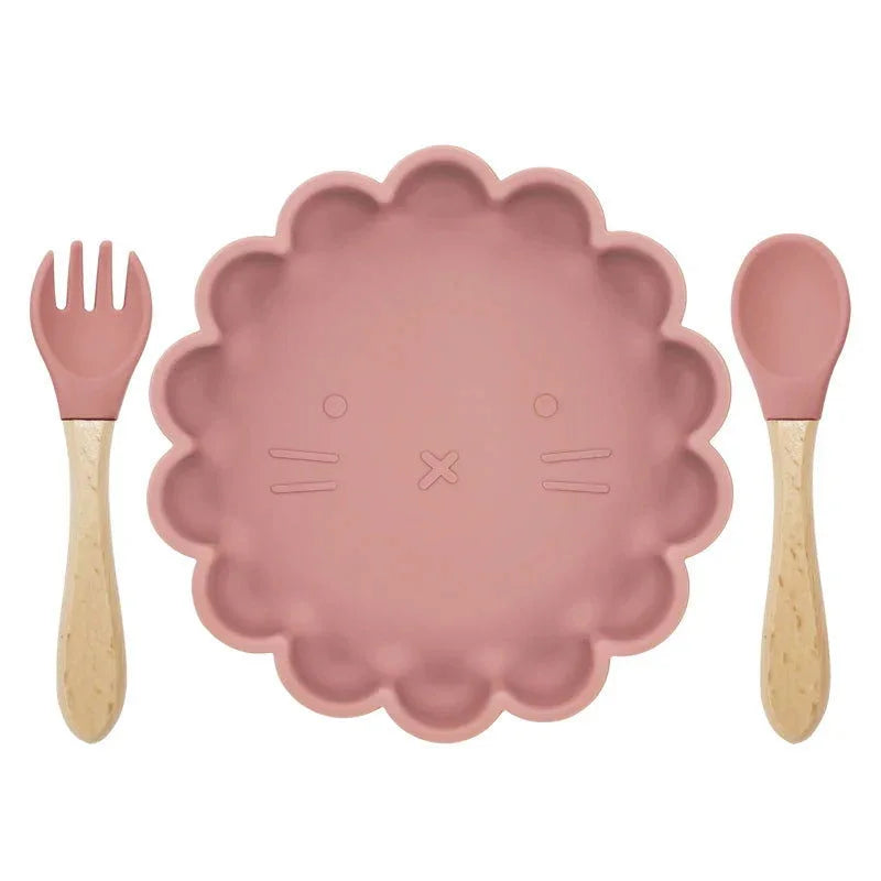Conjunto Infantil Prato e Talheres Silicone Verde Lenogue Rosa