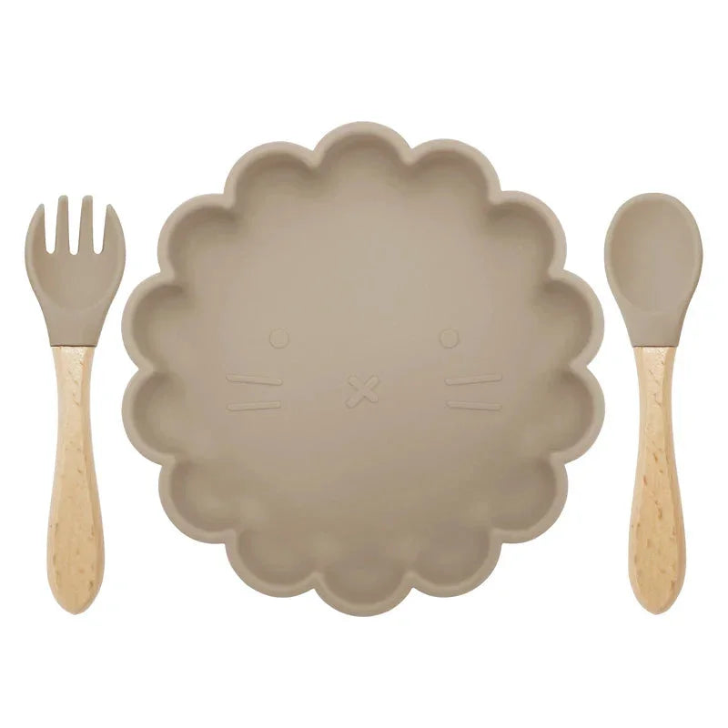 Conjunto Infantil Prato e Talheres Silicone Verde Lenogue Cinza