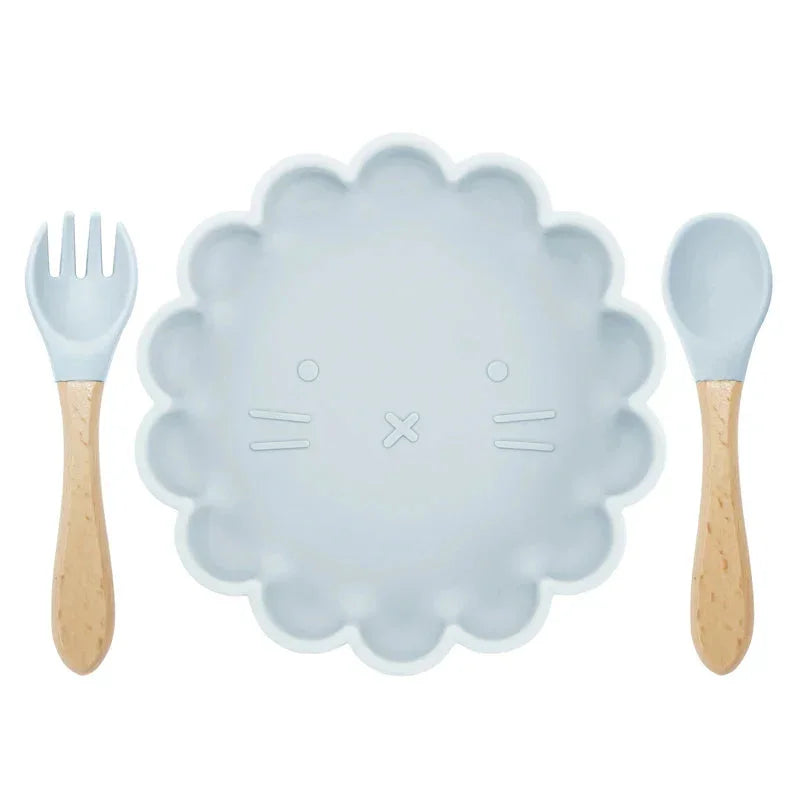 Conjunto Infantil Prato e Talheres Silicone Verde Lenogue Azul
