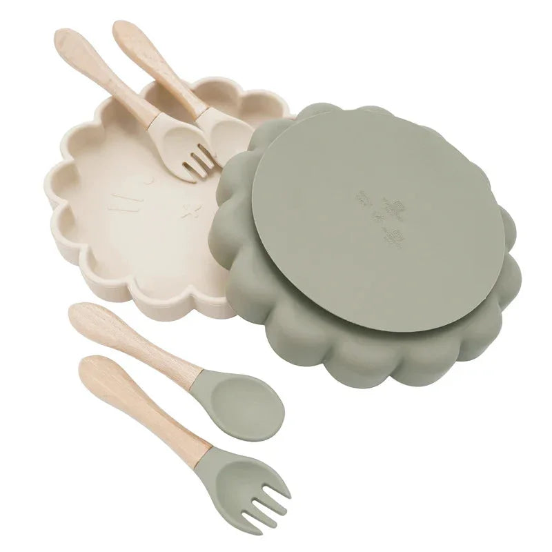 Conjunto Infantil Prato e Talheres Silicone Verde Lenogue