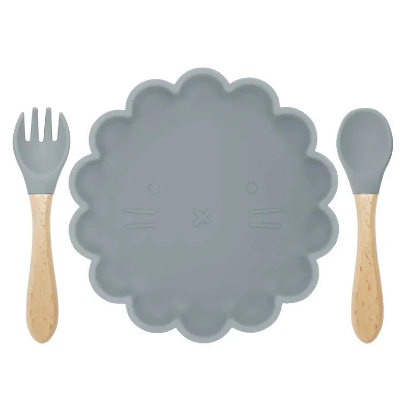 Conjunto Infantil Prato e Talheres Silicone Verde Lenogue Cinza Azulado