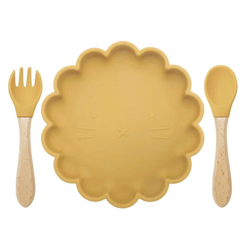 Conjunto Infantil Prato e Talheres Silicone Verde Lenogue Mostarda